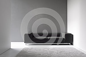 Minimalism interior with gray wall, black sofa and decor.