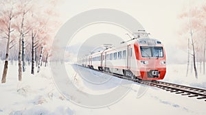 Minimalism Manned Train Winter Watercolor Painting In Japan