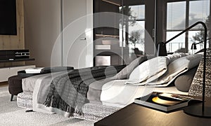 Minimalism modern interior design bedroom with glass partition. Contemporary bed with bedside tables and bedside bench. 3d