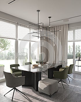 Minimalism modern interior design. Studio dining room with luxury table and green chairs. 3d rendering. 3d illustration