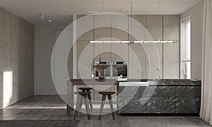 Minimalism modern interior design. Studio kitchen room with kitchen island and chairs. 3d rendering. 3d illustration