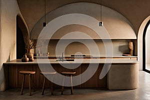 Minimalism modern interior scandinavian design. Bright studio living, kitchen and dining room. Wooden kitchen with kitchen island