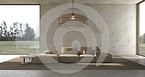 Minimalism modern interior scandinavian design. Bright studio living room with plaster wall mock up. Panoramic windows with nature