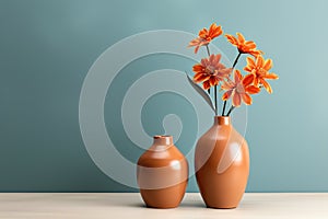 minimalism photo two modern terracotta vases with orange flowers on a table with copy space on blue background