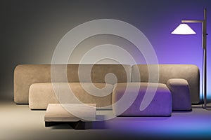 Minimalism style. Beige design comfortable couch near stylish floor lamp beaming violet light. 3d rendering