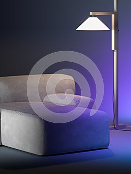 Minimalism style. Close up of beige design comfortable couch near stylish floor lamp on violet gradient background. 3d