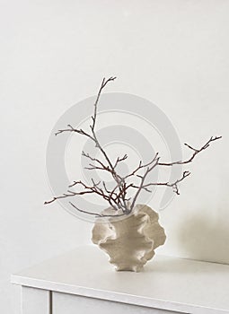 Minimalism style home decor - dry branches in a creative ceramic vase on a white chest of drawers