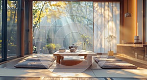 Minimalism style Japanese house room with tea ceremony table, wide opened windows with garden greens. Embracing simplicity unveils