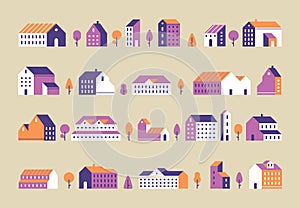 Minimalism town buildings. Geometric minimal residential houses, city building and urban house flat vector set