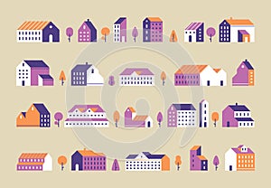 Minimalism town buildings. Geometric minimal residential houses, city building and urban house flat vector set photo