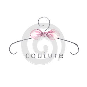 Minimalism watercolor pink bow and silver coat hanger. Create a logo for an atelier of cute dresses. photo