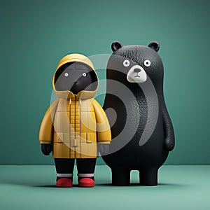 Minimalist 3d Character: Black Bear In Yellow Raincoat