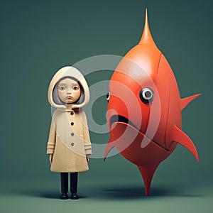 Minimalist 3d Character Of Mary With A Fish - Adorable Toy Sculptures