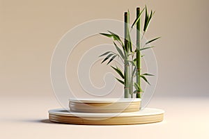 A minimalist 3D features a podium made from light wood with a potted bamboo plant on white wall background