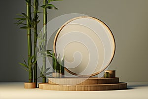 A minimalist 3D features a podium made from light wood with a potted bamboo plant on white wall background