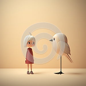 Minimalist 3d Illustration Of A Girl And Bird