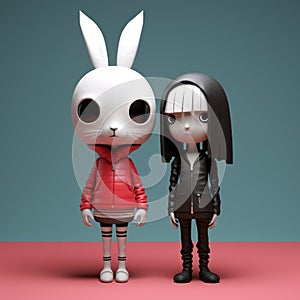 Minimalist 3d Illustration Of Tom And Bunny: A Fusion Of Gothic And Pop Art