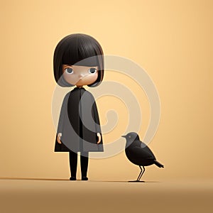 Minimalist 3d Model: Little Black Girl And Bird
