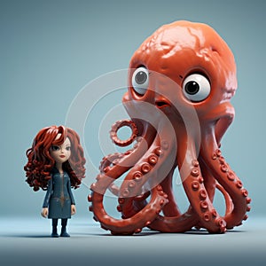 Minimalist 3d Rendering Of Child And Octopus With Inventive Character Designs