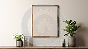 Minimalist 3d Rendering Of Empty Picture Frame On Wooden Table