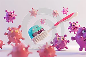 A minimalist 3D scene featuring a charming toothbrush heroically escaping a horde of cartoon. by AI generated image