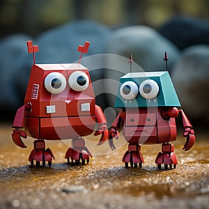 Minimalist 3d Toy Robots: Maroon And Gray Animal Figurines
