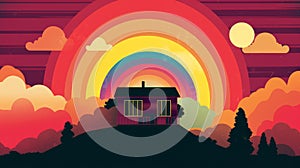 Minimalist 70\'s Movie Poster Of Sun Surrounded Cabin