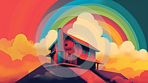 Minimalist 70\'s Movie Poster Of Sun Surrounded Cabin