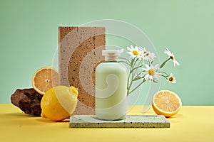 Minimalist abstract background for cosmetic presentation with lemon ingredient.