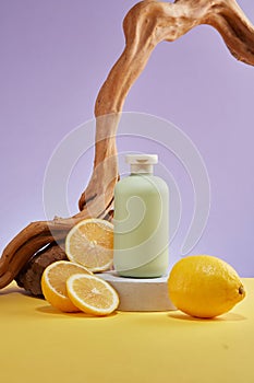 Minimalist abstract background for cosmetic presentation with lemon ingredient.