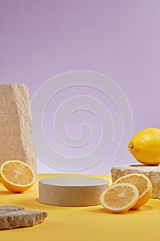 Minimalist abstract background for cosmetic presentation with lemon ingredient.