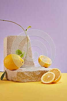 Minimalist abstract background for cosmetic presentation with lemon ingredient.