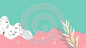 Minimalist abstract background, fluid shapes with leaves, cool pastel pink and green