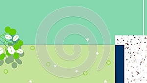 Minimalist abstract background, rectangle shapes with leaves, cool pastel green