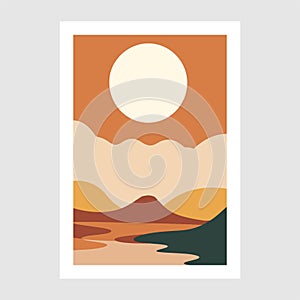 Minimalist abstract desert landscape with mountains, river and sun. Vector illustration