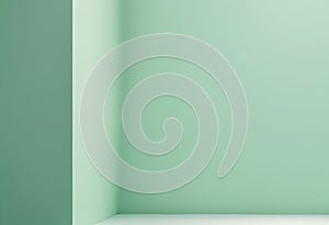 Minimalist abstract green background for product presentation with light and complex openwork shadow on the wall