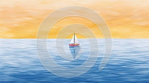 minimalist abstract illustration of a lone man on yellow sailboat in wavy blue sea with ethereal dreamscapes art style, generative