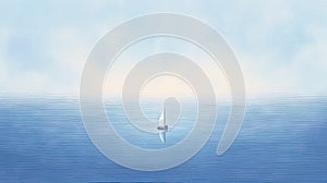 minimalist abstract illustration of a lone sailboat in wavy blue sea with ethereal dreamscapes art style, generative AI