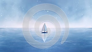 minimalist abstract illustration of a lone sailboat in wavy blue sea with ethereal dreamscapes art style, generative AI