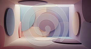 Minimalist abstract interior with soft pastel colors and oval shapes