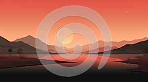 Minimalist Abstract Landscape Illustration With Red Sun On Water