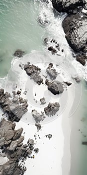 Minimalist Aerial Photography: Waves Crashing On Rocky Beach