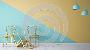 Minimalist architect designer concept with three classic colored chairs, one chair turned violet on blue and yellow background and