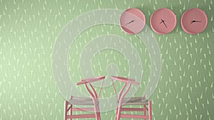 Minimalist architect designer concept, waiting living room with pink classic wooden chairs and wall clocks on green geometric wall