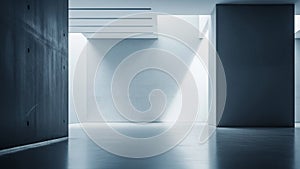 Minimalist Architectural Interior with Dramatic Light and Shadow Play on Concrete Walls and Reflective Floor