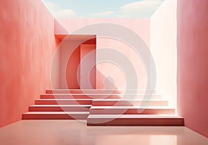 Minimalist architecture in liminal space with stairs. Escapism concept. Digital art photo