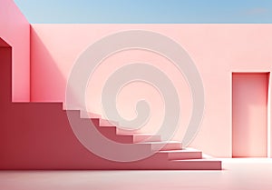 Minimalist architecture in liminal space with stairs. Escapism concept. Digital art photo