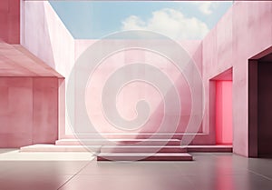 Minimalist architecture in liminal space with stairs. Escapism concept. Digital art photo