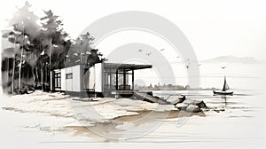 Minimalist Architecture: Wooden Beach House Sketch With Water And Land Fusion photo