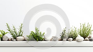 a minimalist arrangement of plants and rocks on a white shelf, reflecting a sense of balance, harmony, and tranquility.